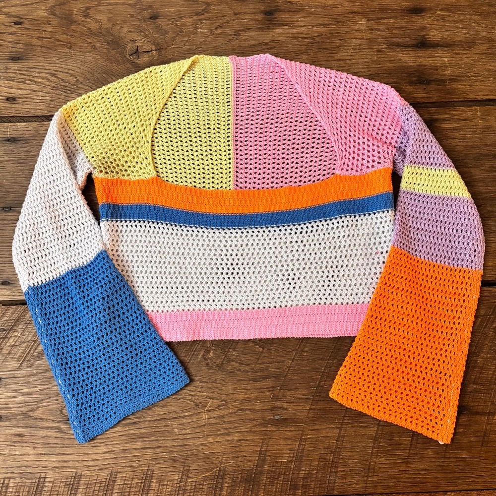Y2k Style Neon Crochet Knit Cropped Sweater‎ Long Sleeve Top Color Block Retro